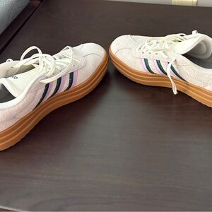 adidas White Sneakers with Pink and Green Stripes